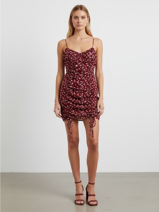Cotton Candy Dresses & Skirts - Cotton Candy Burgundy Floral Ruched Spaghetti-Strap Mini Dress